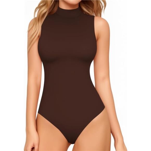 Tops - Women's Mock Turtle Neck Sleeveless Tank Tops Bodysuit Brown